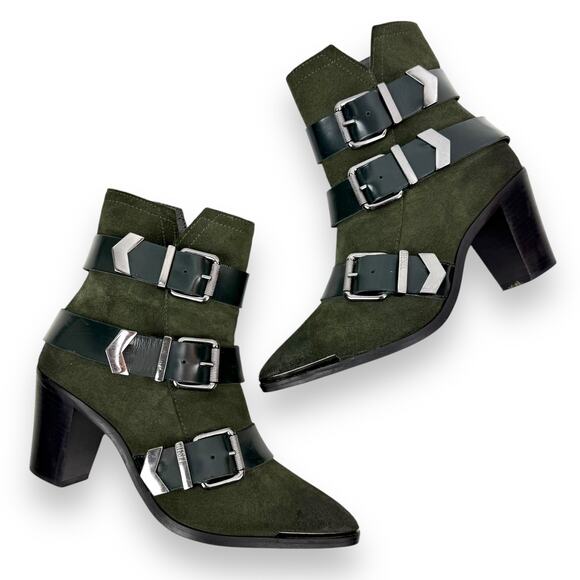 DIESEL green suede strapped buckle heeled pointed toe boots - Picture 1 of 16